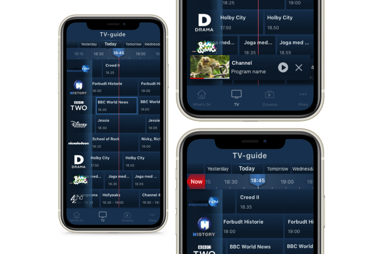 After: redesigned EPG with swipe, progress line, and Now button